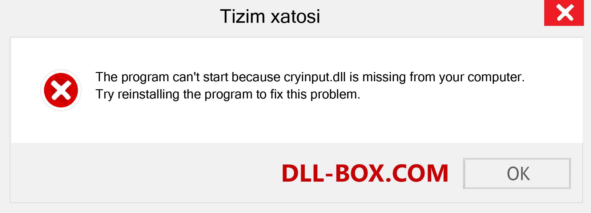 cryinput.dll fayli yo'qolganmi?. Windows 7, 8, 10 uchun yuklab olish - Windowsda cryinput dll etishmayotgan xatoni tuzating, rasmlar, rasmlar